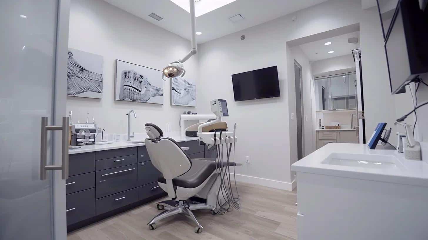 a sleek, modern dental office in lake worth, featuring a patient confidently smiling in an elegantly designed treatment room, showcasing the transformative aesthetic and functional benefits of dental implants.