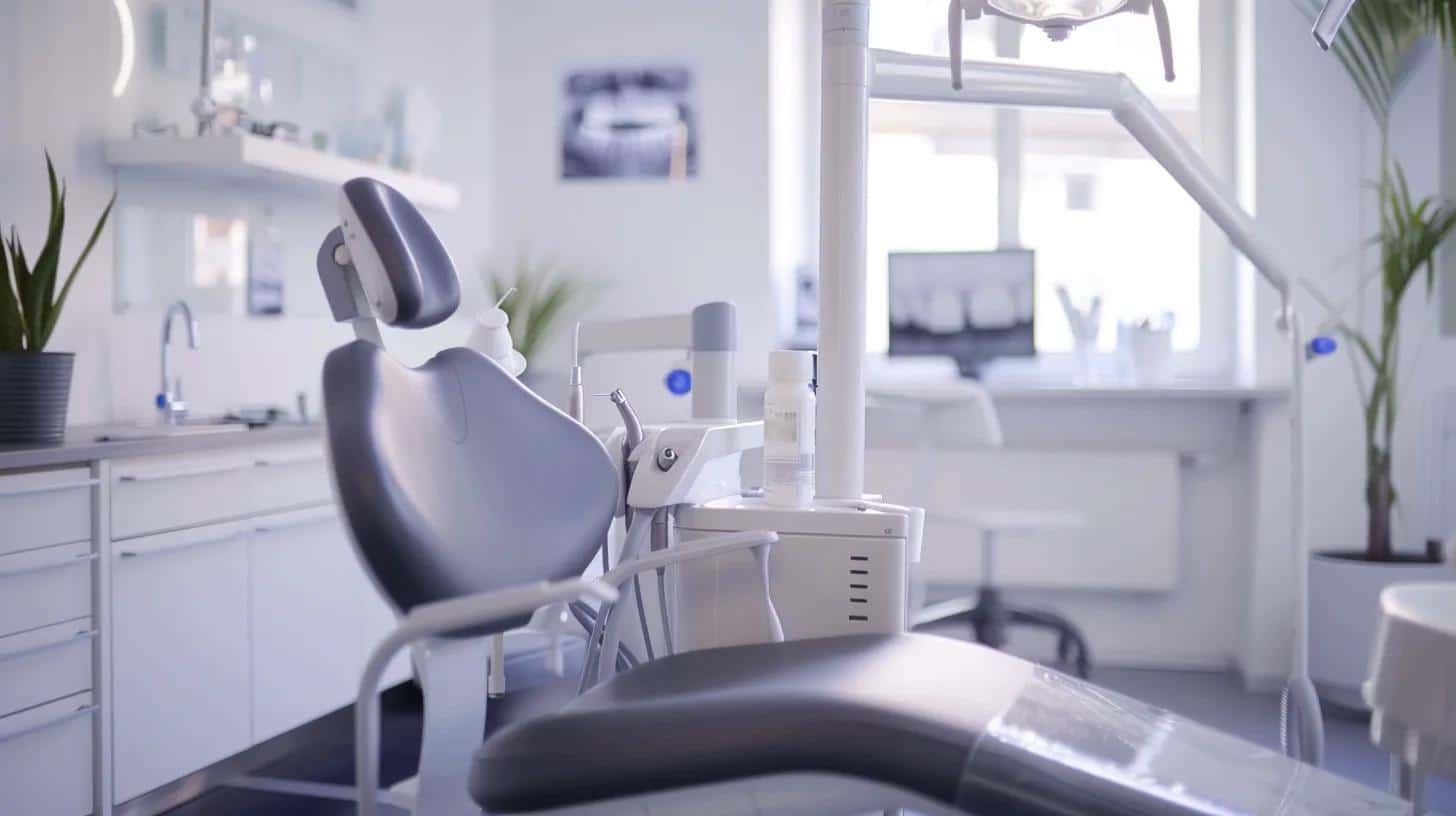 a sleek, modern dental clinic interior showcases a confident patient smiling broadly while seated in a dental chair, surrounded by dental tools and high-tech equipment, emphasizing the importance of proper care and maintenance for durable dental implants.