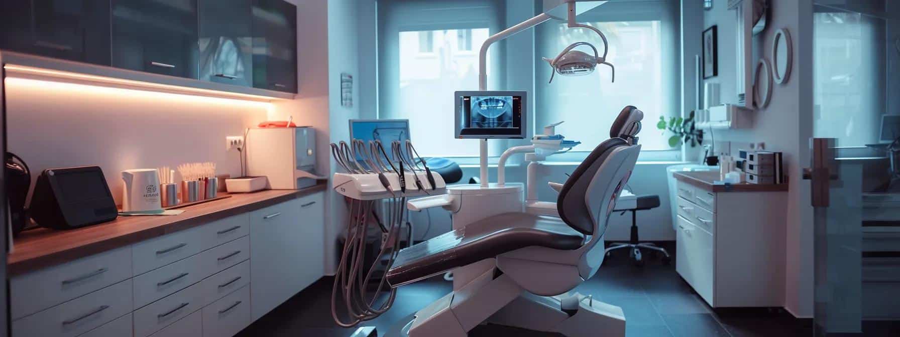 a sleek, modern dental office is illuminated by bright, focused lighting, showcasing a state-of-the-art surgical area with advanced digital imaging equipment and a dental implant being meticulously placed in a patient's mouth, emphasizing precision and professionalism in dental care.