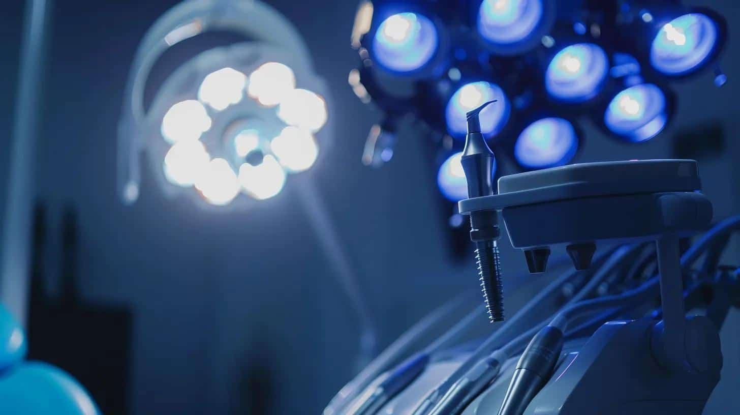 a sleek, modern dental clinic showcases a close-up view of a high-quality titanium dental implant being examined under clinical lighting, emphasizing the precision and innovation of tooth replacement solutions.