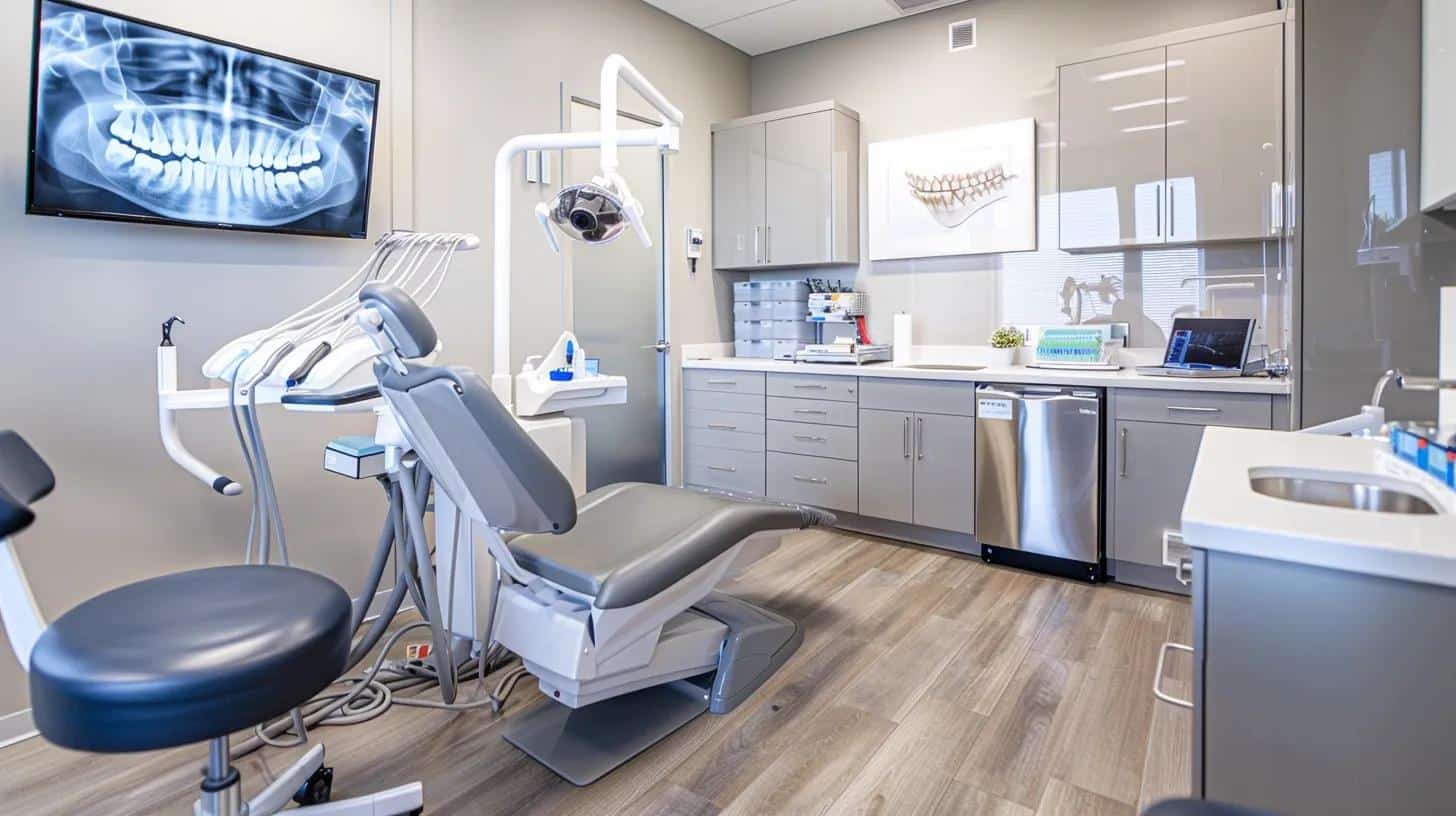 a sleek, modern dental office equipped with high-tech denture care tools and a clean, organized workspace highlights the importance of meticulous denture maintenance and hygiene.