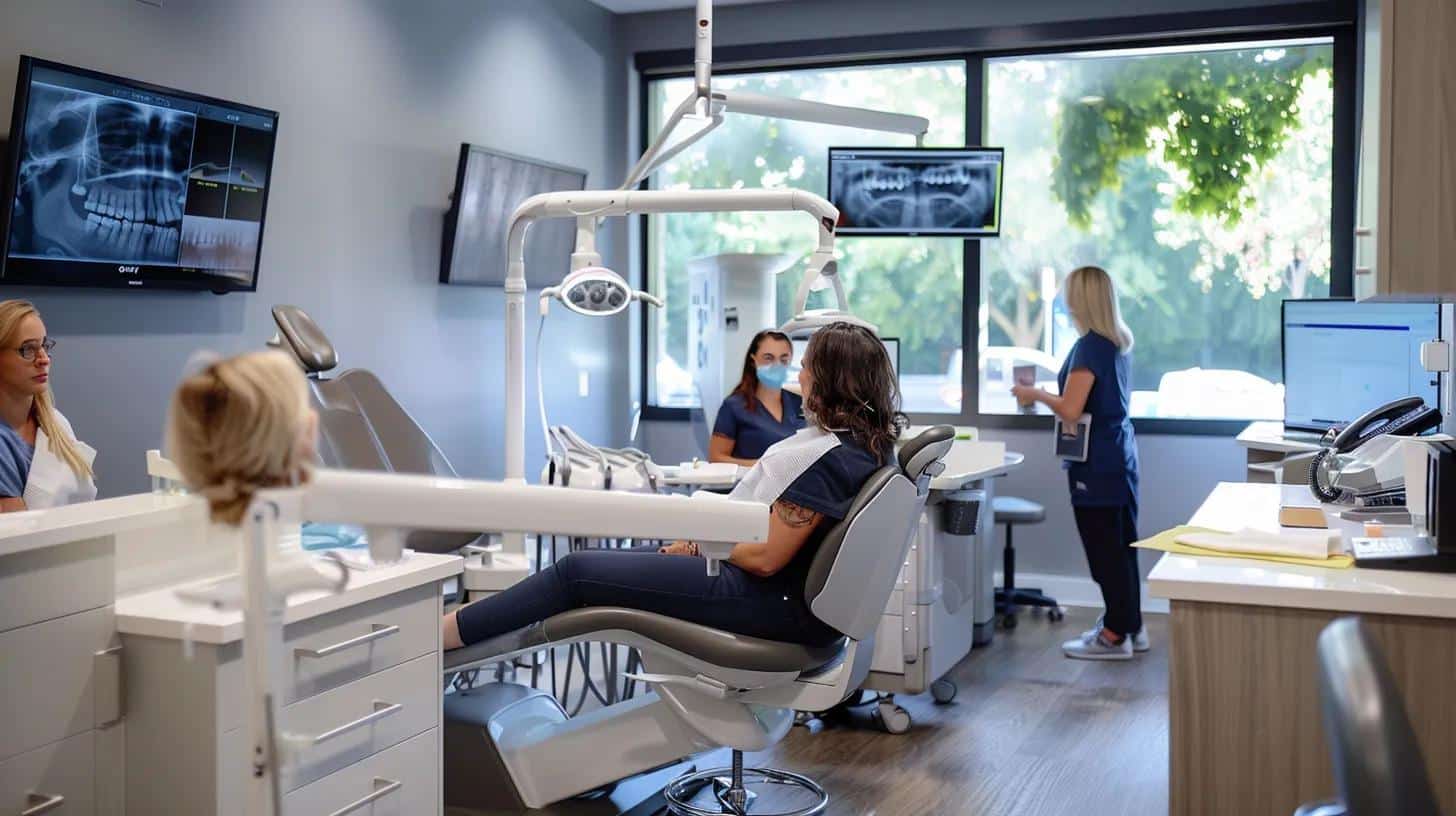 a sleek, modern dental clinic interior showcases a confident patient in the dental chair, surrounded by advanced equipment and a professional dental team preparing for an intricate implant procedure, emphasizing the theme of dental permanence and innovation.