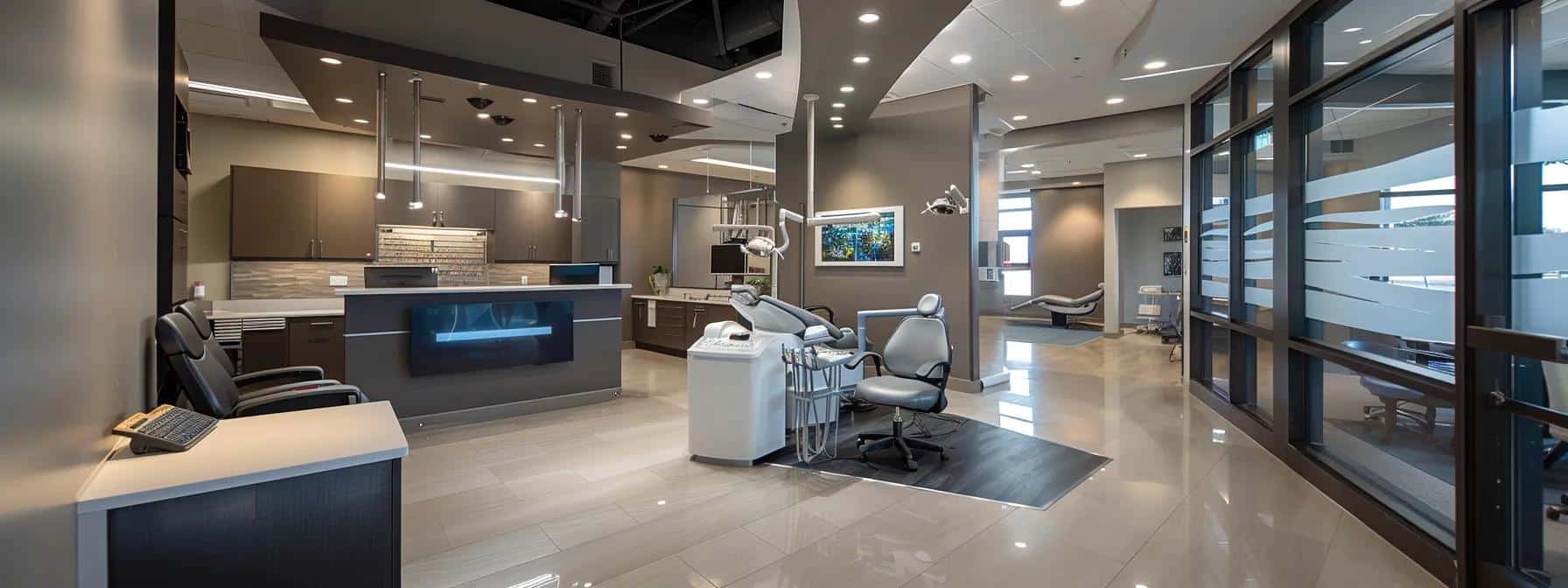 a sleek, modern dental office showcases a state-of-the-art consultation room, featuring advanced dental equipment and a welcoming atmosphere, emphasizing the latest denture and dental implant technologies available in denton.