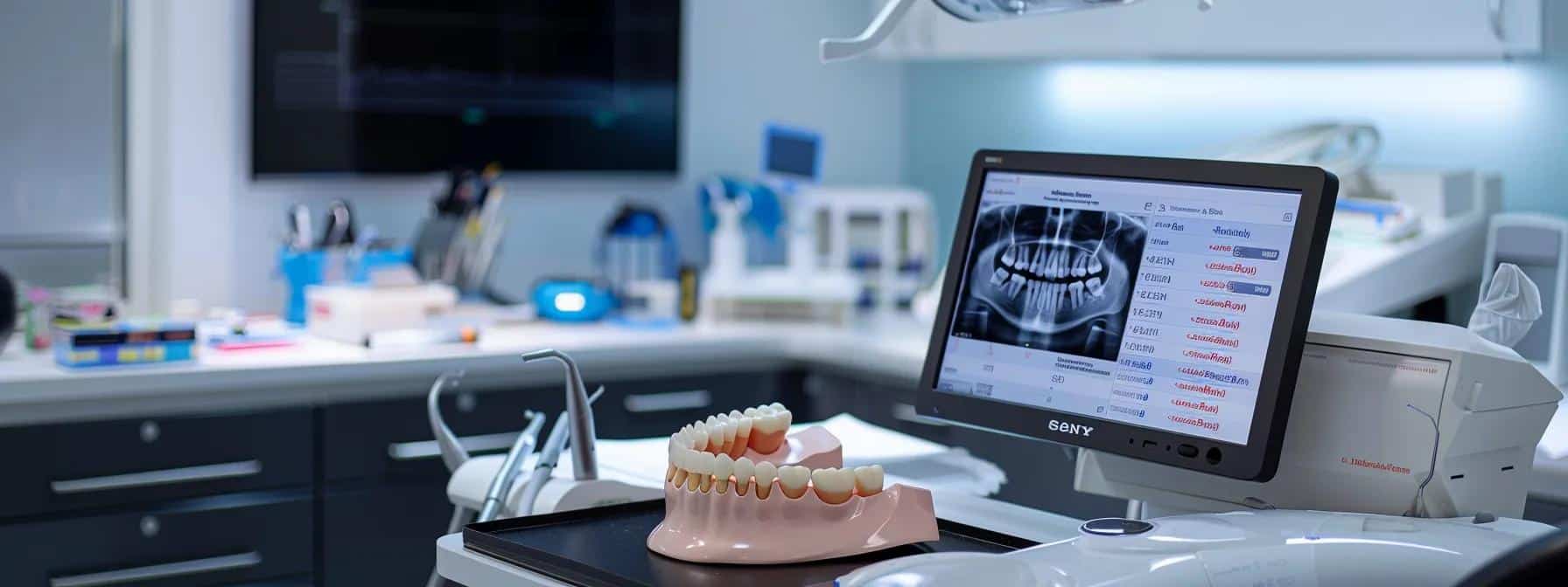 a sleek, modern dental office environment features a well-organized table displaying side-by-side visual comparisons of dental implants versus dentures, highlighting their key features, costs, and processes in clear, concise charts with a professional and informative ambiance.