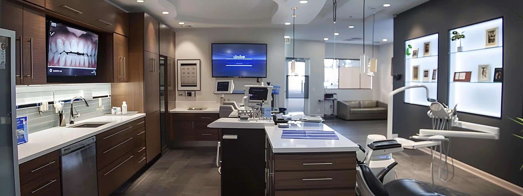 a sleek, modern dental office showcases a confident patient smiling with beautifully crafted dental implants, while a dental professional explains the procedure with an informative digital display in the background.