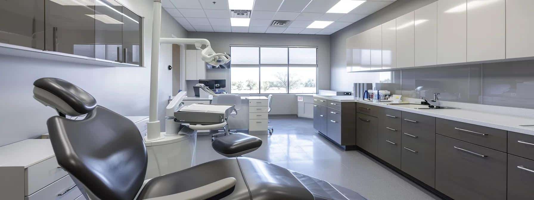 a sleek, modern dental clinic in denton features a bright, minimalist interior showcasing an array of contemporary dentures displayed prominently on a polished countertop, emphasizing innovation and patient care.