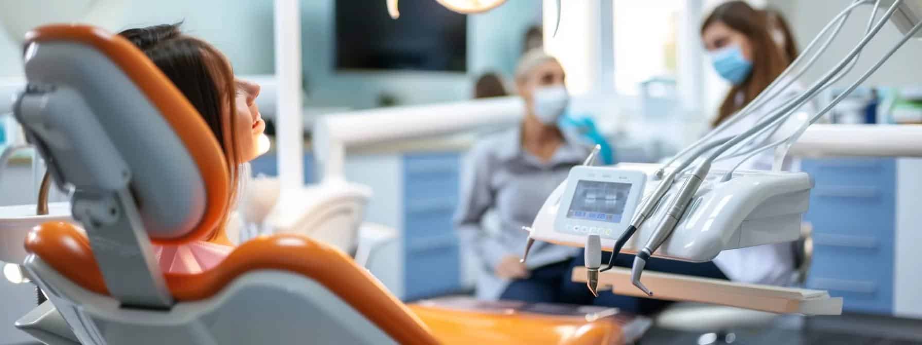 a sleek, modern dental clinic features a smiling patient with a radiant smile, seated in a comfortable chair, while an experienced dentist examines a high-tech dental implant system in the background, illuminated by bright, clinical lighting.