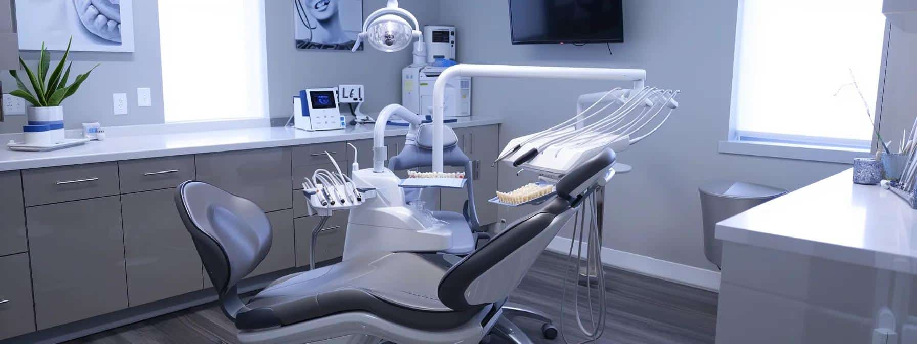 a sleek, modern dentist's office features a patient sitting comfortably in a dental chair, equipped with an array of meticulously organized dentures displayed on a nearby counter, highlighting the various types suitable for use during the dental implant integration process.