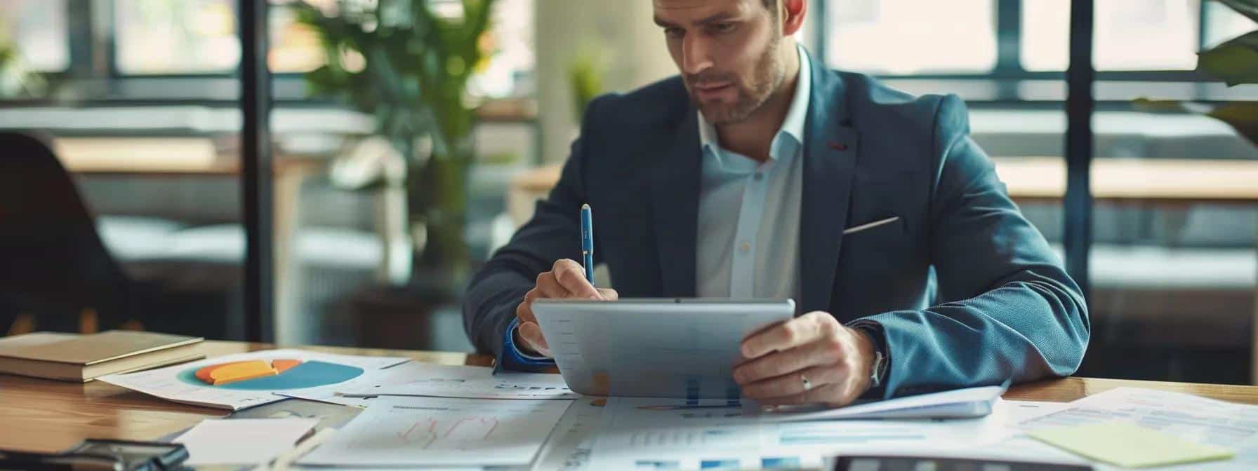 a sleek, modern office space features a confident business professional analyzing a vibrant pie chart on a digital tablet, surrounded by strategic financial documents that symbolize smart payment strategies for maximizing savings.