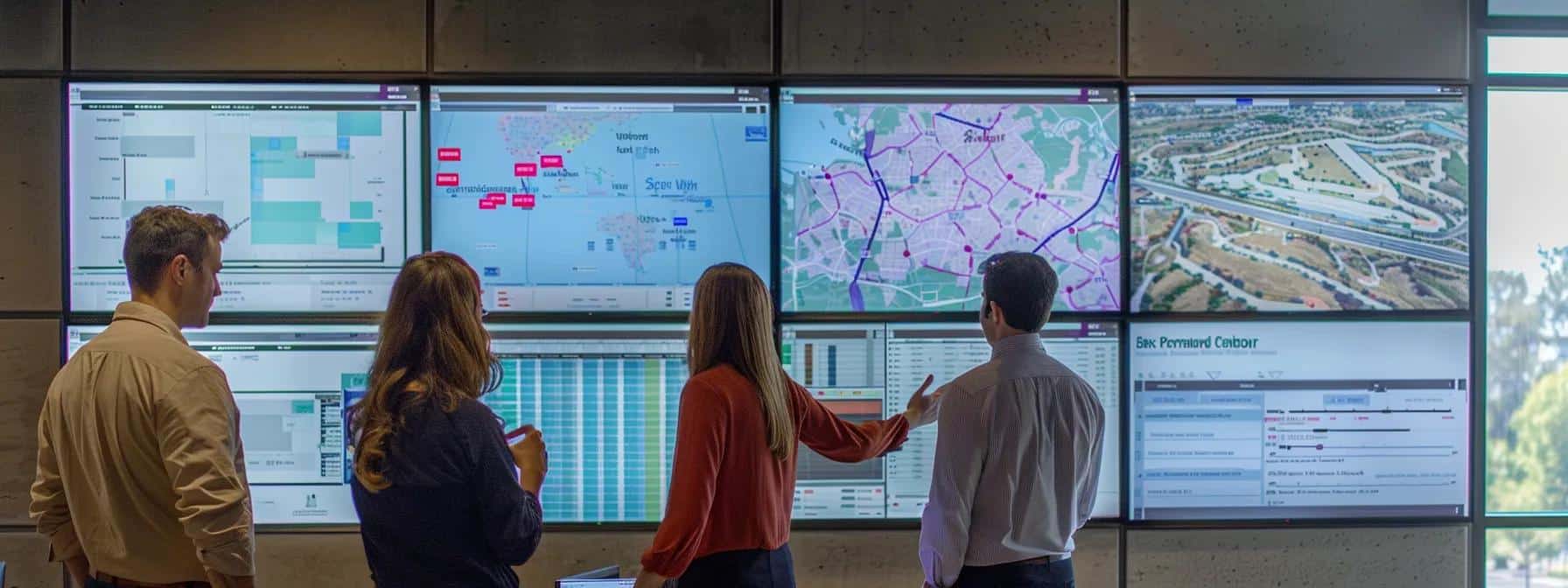 a sleek urban office environment showcases a diverse group of professionals collaborating over a digital map of granbury, highlighting the search for local extraction companies with vibrant post-it notes and competitive service metrics displayed on modern screens.