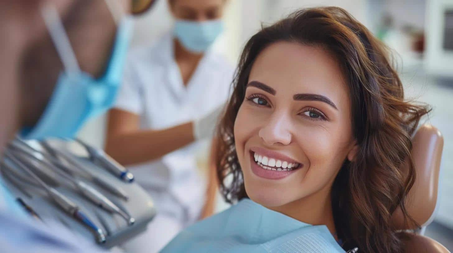 a sleek, well-lit dental clinic showcases a smiling patient confidently wearing natural-looking dentures while consulting with an attentive dentist, emphasizing the transformative impact of dental care.