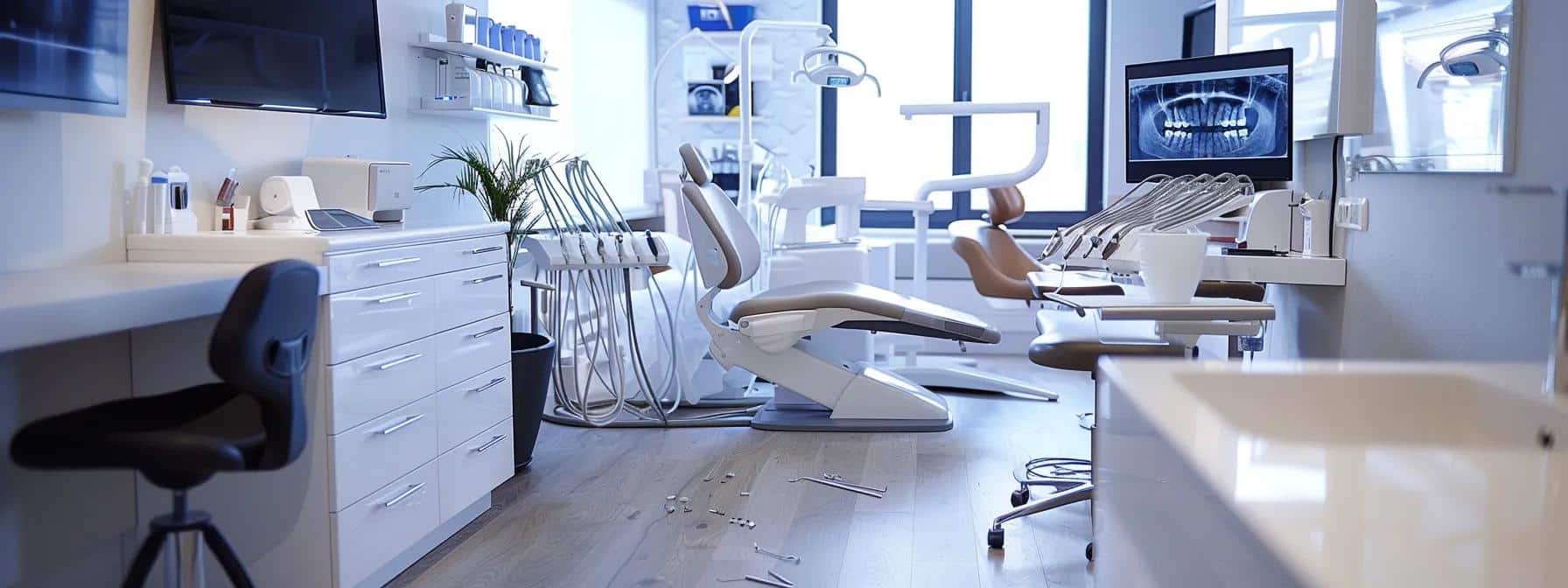 a sophisticated dental clinic interior showcases a confident middle-aged patient examining their implant retained denture in a modern, well-lit consultation room, with dental tools and digital imaging equipment subtly visible in the background.