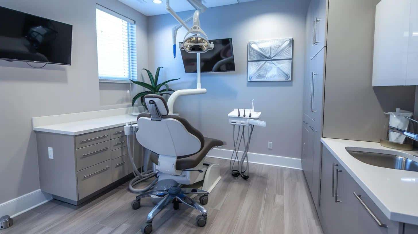 a sophisticated dental office interior in lake worth, featuring a modern dental chair and advanced equipment, conveying a professional atmosphere of expertise in denture care and personalized treatment.