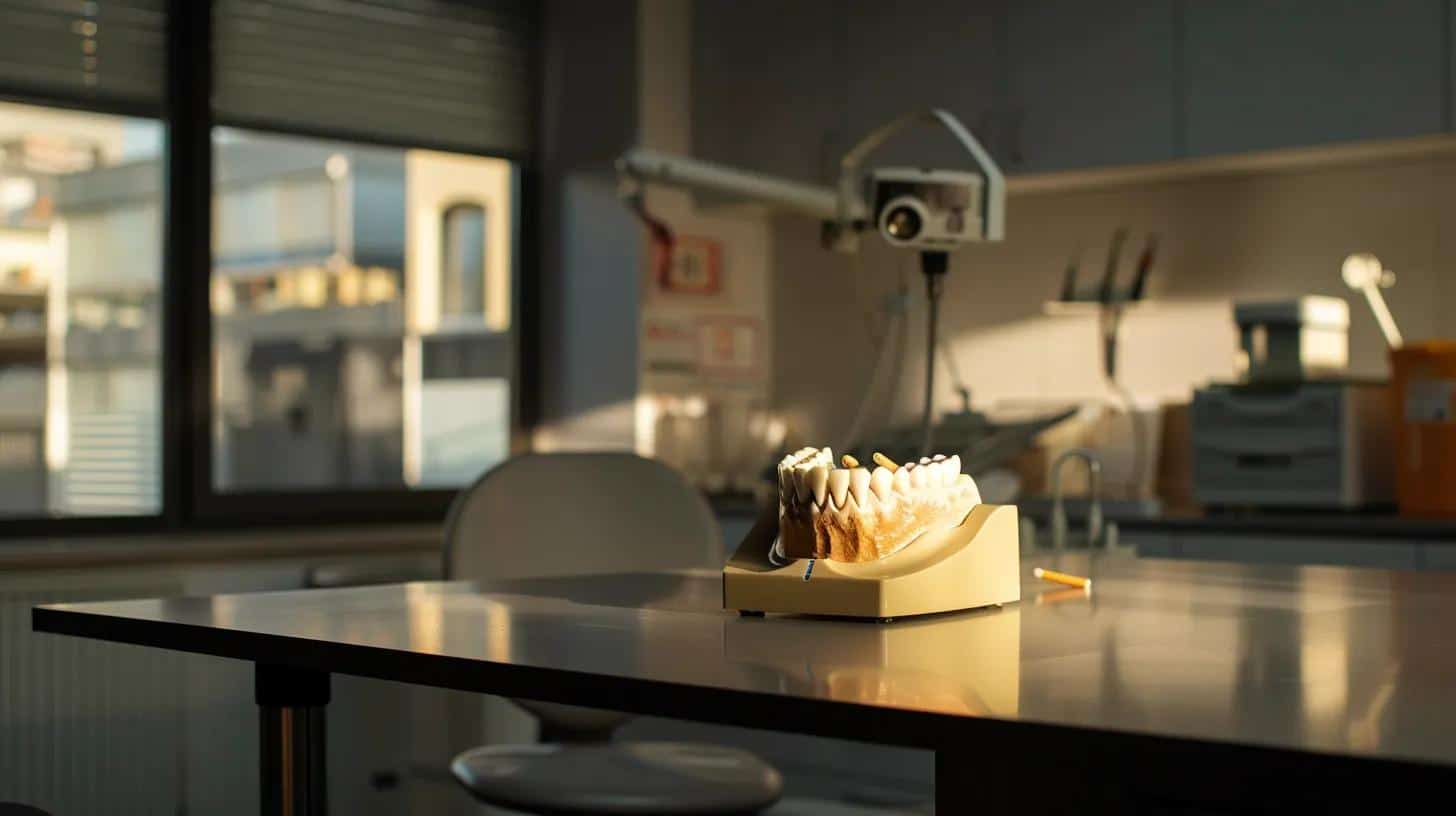 a stark, clinical dental office with a focused spotlight illuminating a dental implant model on a polished countertop, juxtaposed against an ominous shadow of a cigarette, symbolizing the detrimental impact of smoking on the healing process.