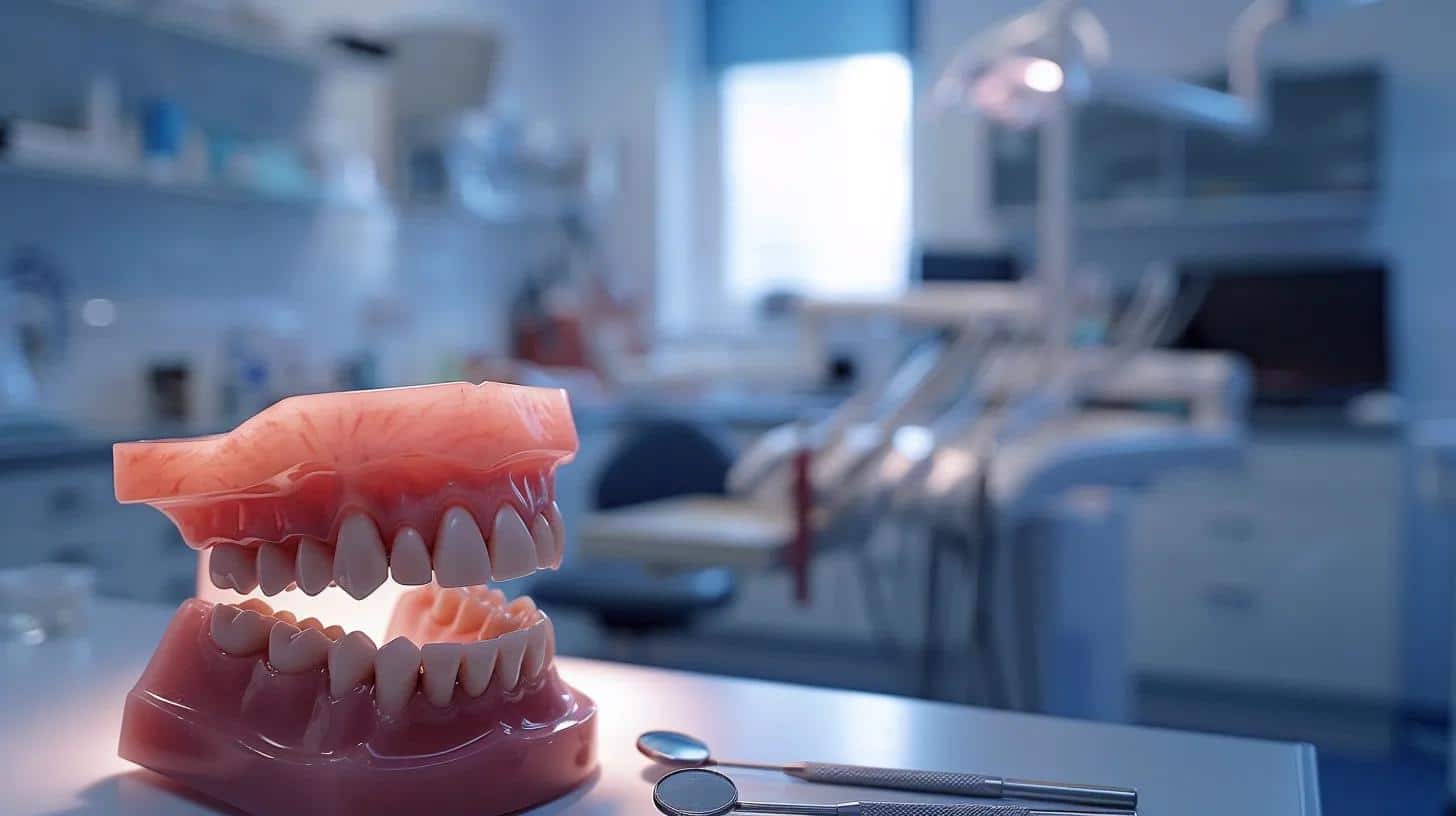 a starkly lit dental office featuring a close-up of a well-used denture adjustment tool beside a set of meticulously crafted dentures, emphasizing the contrast between professional quality and the potential chaos of diy adjustments.