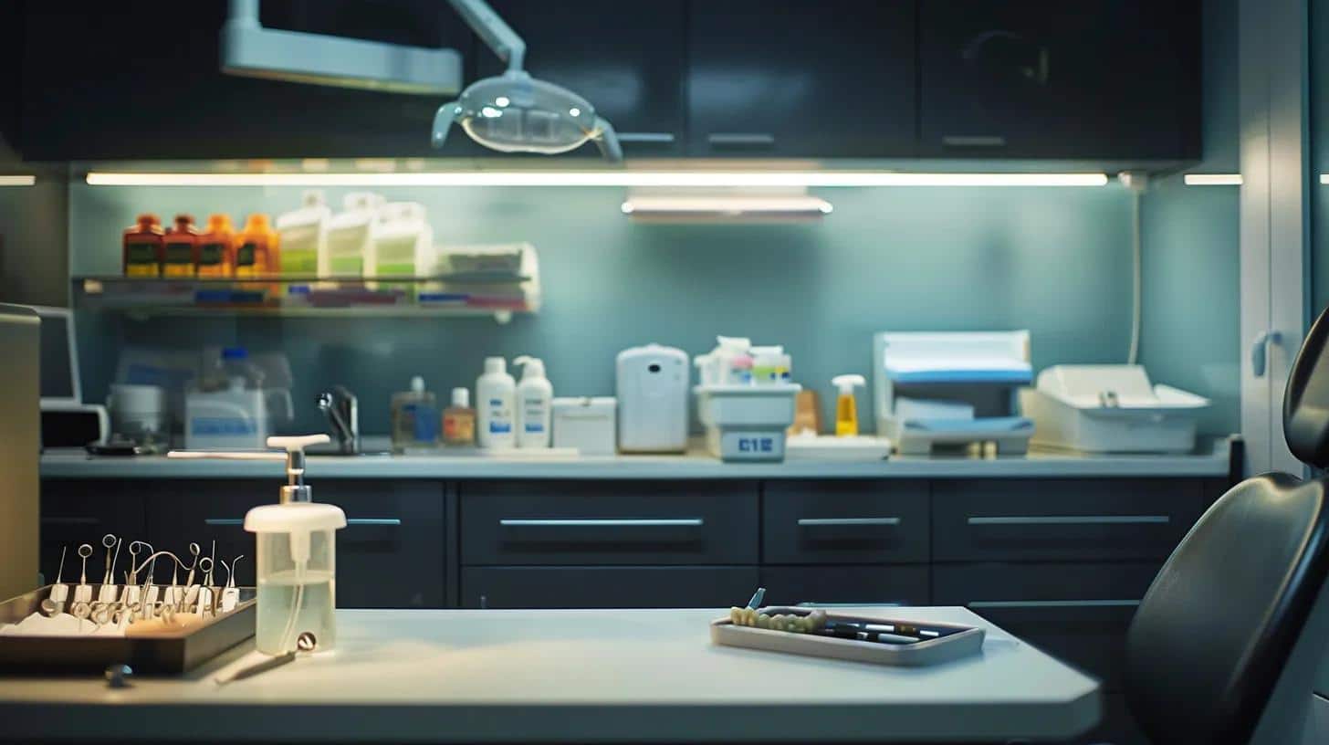 a sterile dental clinic setting showcases a dimly lit countertop with an array of denture cleaning supplies, highlighting the complexities of denture maintenance and the challenges patients face in ensuring proper care.