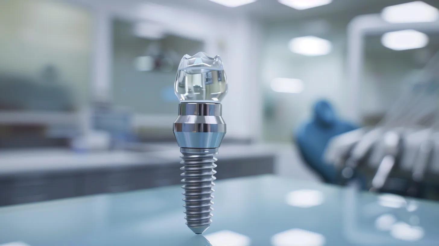 a sterile dental office features a close-up of a shiny dental implant on a clean, well-lit countertop, emphasizing the importance of meticulous care and hygiene for dental health.