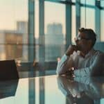 a thoughtful individual is seated at a sleek conference table, confidently engaging in a conversation while adjusting their dentures, with a modern office backdrop that emphasizes a professional atmosphere.