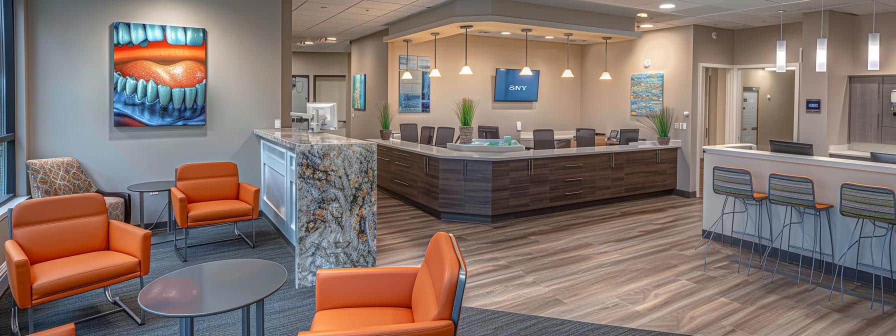 a warm, inviting dental clinic interior showcases a smiling patient comfortably conversing with a friendly dentist, emphasizing the reassuring atmosphere and personalized care that leads to improved confidence and satisfaction with affordable denture services.