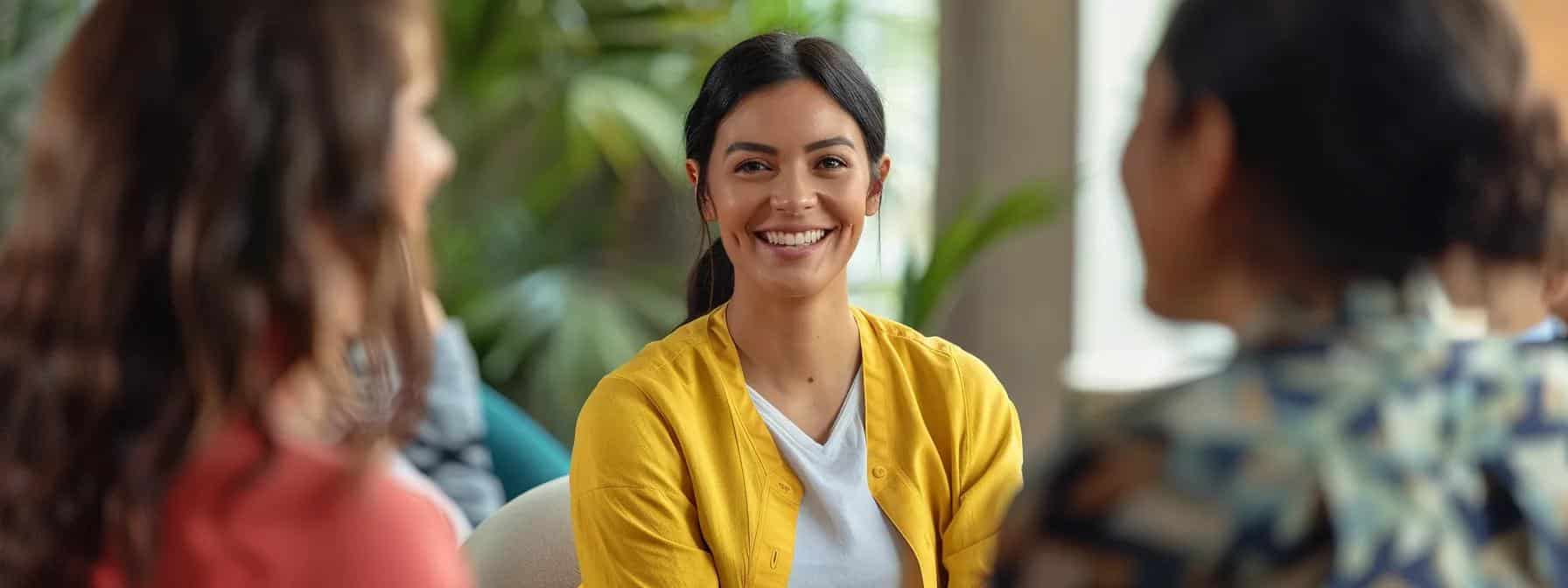 a welcoming dental clinic reception in mansfield showcases a friendly staff member interacting warmly with a diverse group of patients, highlighting the community-oriented approach and personalized care in an inviting, modern setting.