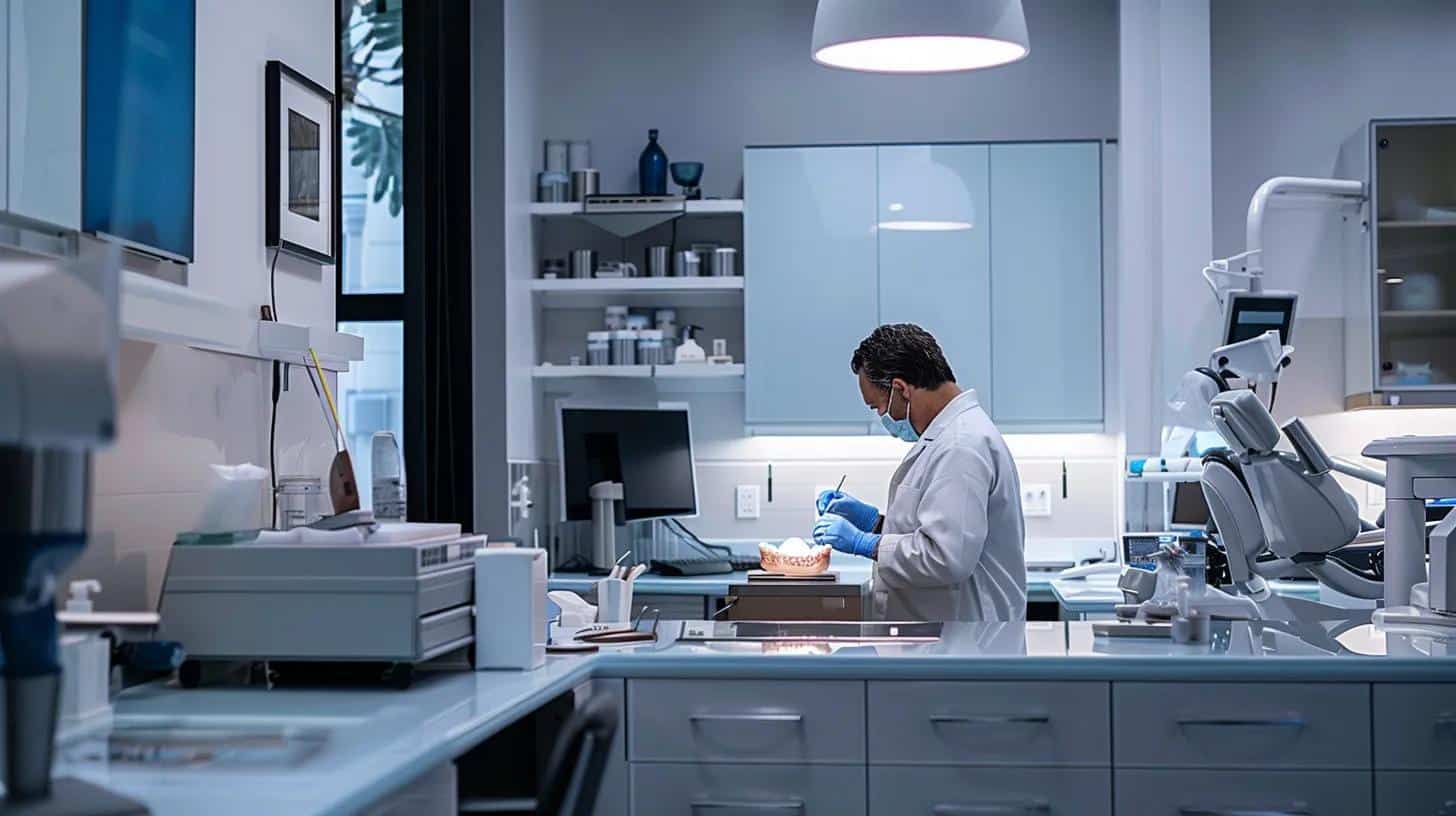 a well-lit dental office scene showcases a dentist carefully examining a precision-adjusted denture on a sleek, modern worktable, emphasizing the precision and customized care provided in professional denture adjustments.