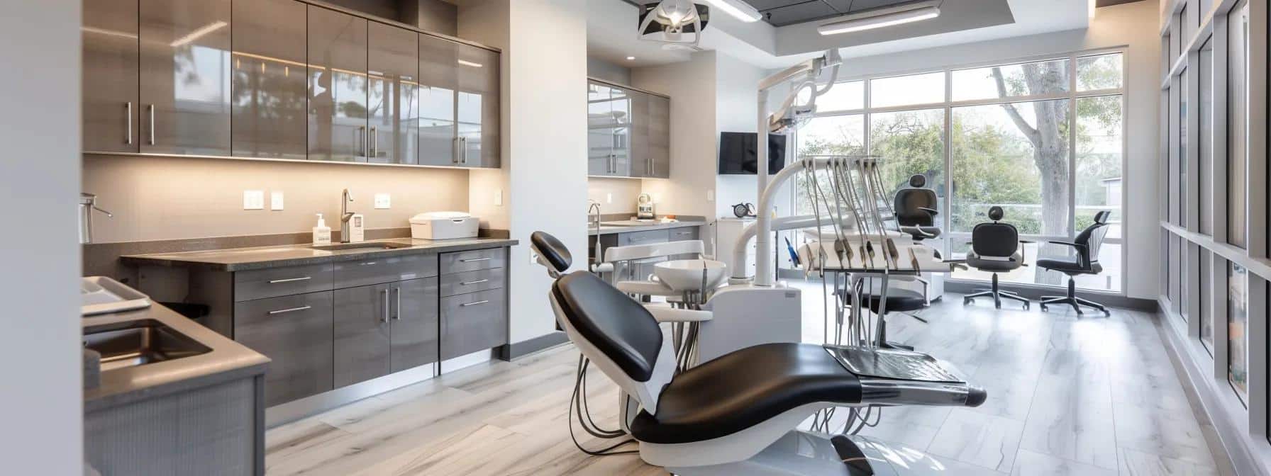 a well-lit dental office showcases a modern, sleek denture display cabinet, drawing focus to an array of lifelike, high-quality dentures, emphasizing the accessibility and customization options available for patients in denton.