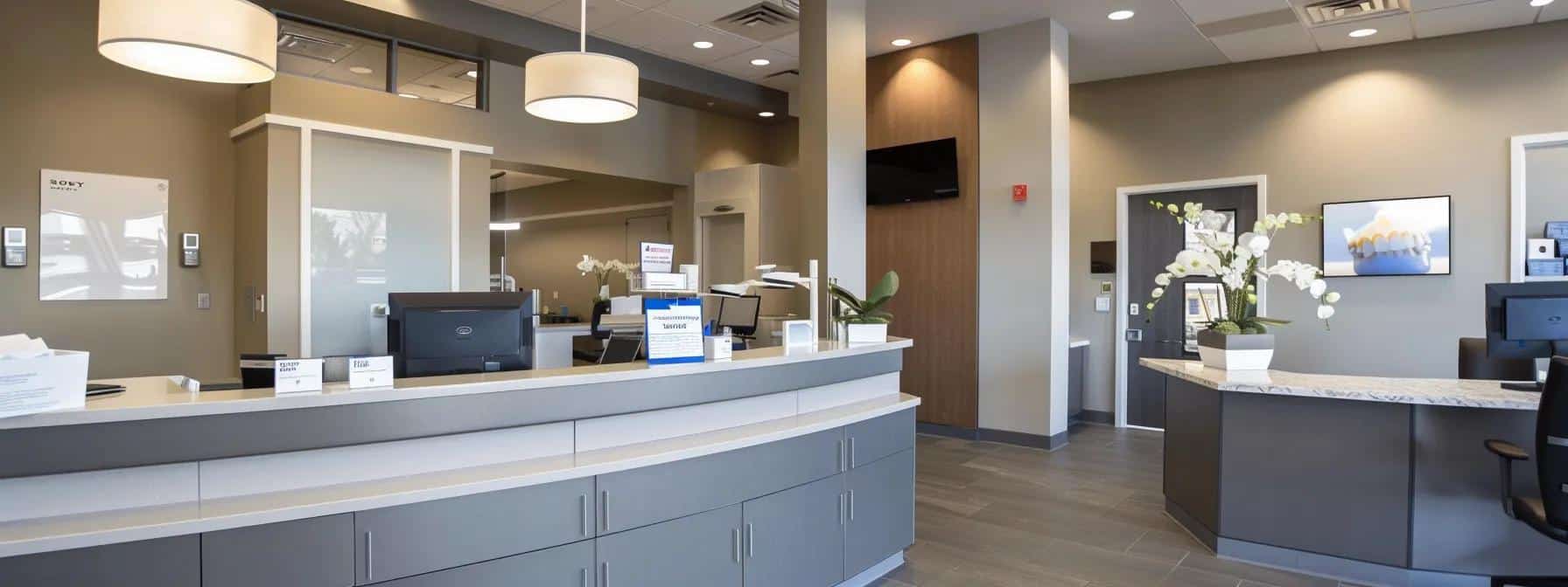 a well-organized dental office reception area highlights a patient calmly reviewing a checklist of essential documents and insurance details on a sleek counter, capturing the essence of preparedness for an emergency dental visit.