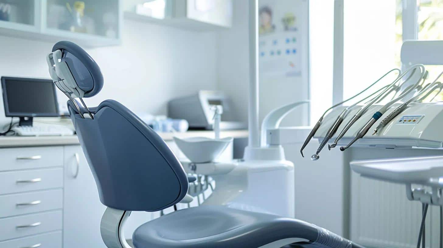 a well-organized dental office features a gleaming dental chair with advanced dental tools nearby, emphasizing the importance of routine care for denture wearers, with a focus on a professional dentist engaging in a consultation with a patient about maintaining denture fit and comfort.