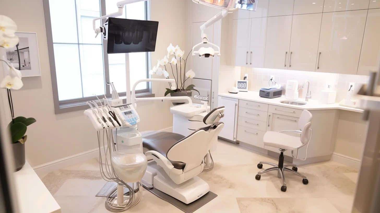 an elegant dental office showcases a confident cosmetic dentist meticulously analyzing digital veneers on a high-tech screen, embodying the precision and expertise essential for enhancing speech outcomes in patients.