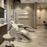 an upscale dental office, featuring an elegant consultation area with modern chairs, where a patient looks thoughtfully at a set of sophisticated dentures displayed prominently on a gleaming, well-lit surface, conveying the theme of unexpected changes in dental fit.