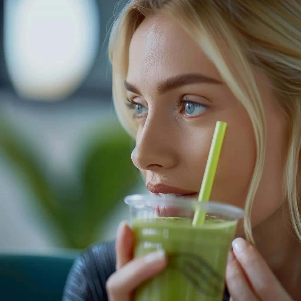 a close-up view of a patient in a modern dental clinic, slightly grimacing in discomfort while cautiously sipping a smoothie, highlighting the immediate dietary restrictions and modified biting capabilities after dental implant surgery.