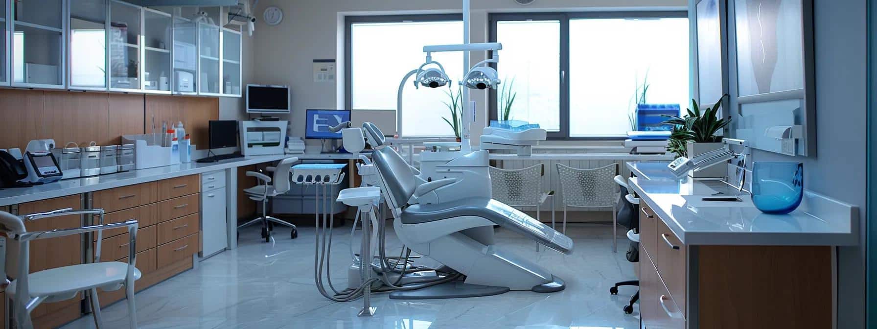 a professional dental office setting features a clean and organized examination room with high-tech dental equipment, while a well-lit display showcases essential care instructions for dentures after implant surgery, emphasizing the importance of post-operative hygiene and comfort.