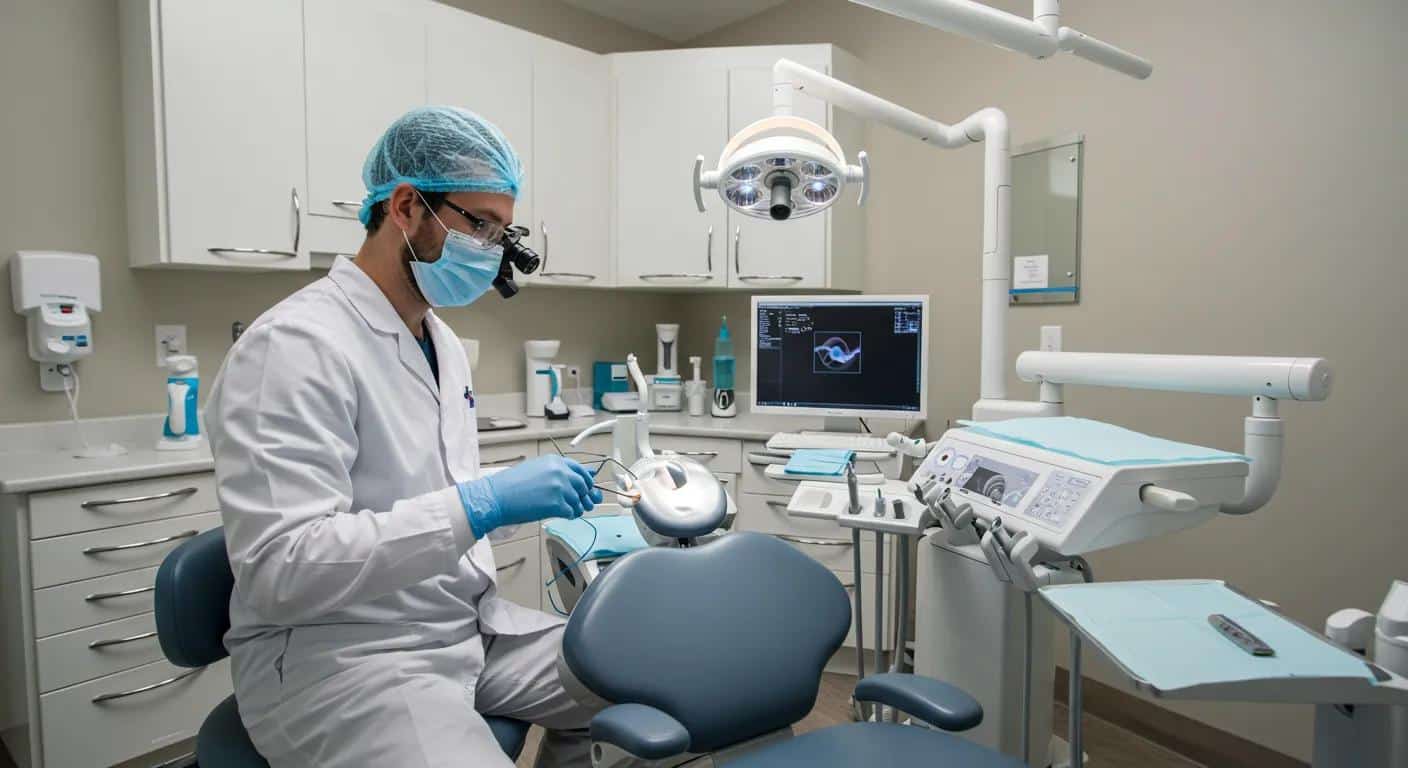 a modern dental clinic in cleburne showcases a sleek, sterile environment where a specialist demonstrates the precision of advanced dental implant procedures with cutting-edge technology and sophisticated equipment.
