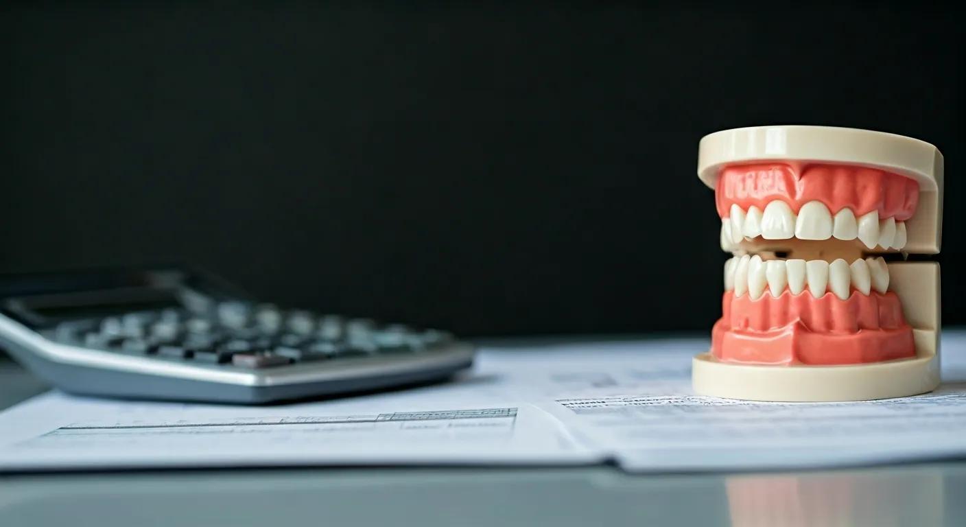Dental implant model with financial documents representing cost analysis