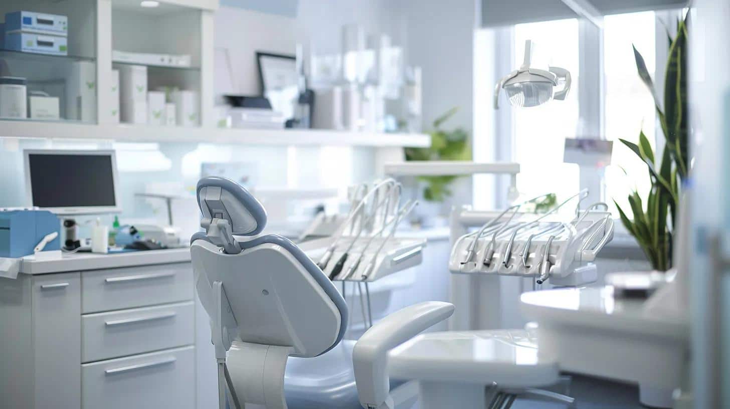 a bright, modern dental clinic setting showcases an elegant, well-organized hygiene station featuring a soft-bristled toothbrush, non-abrasive toothpaste, and various interproximal cleaning tools, emphasizing the importance of a thorough daily oral hygiene routine for dental implant maintenance.