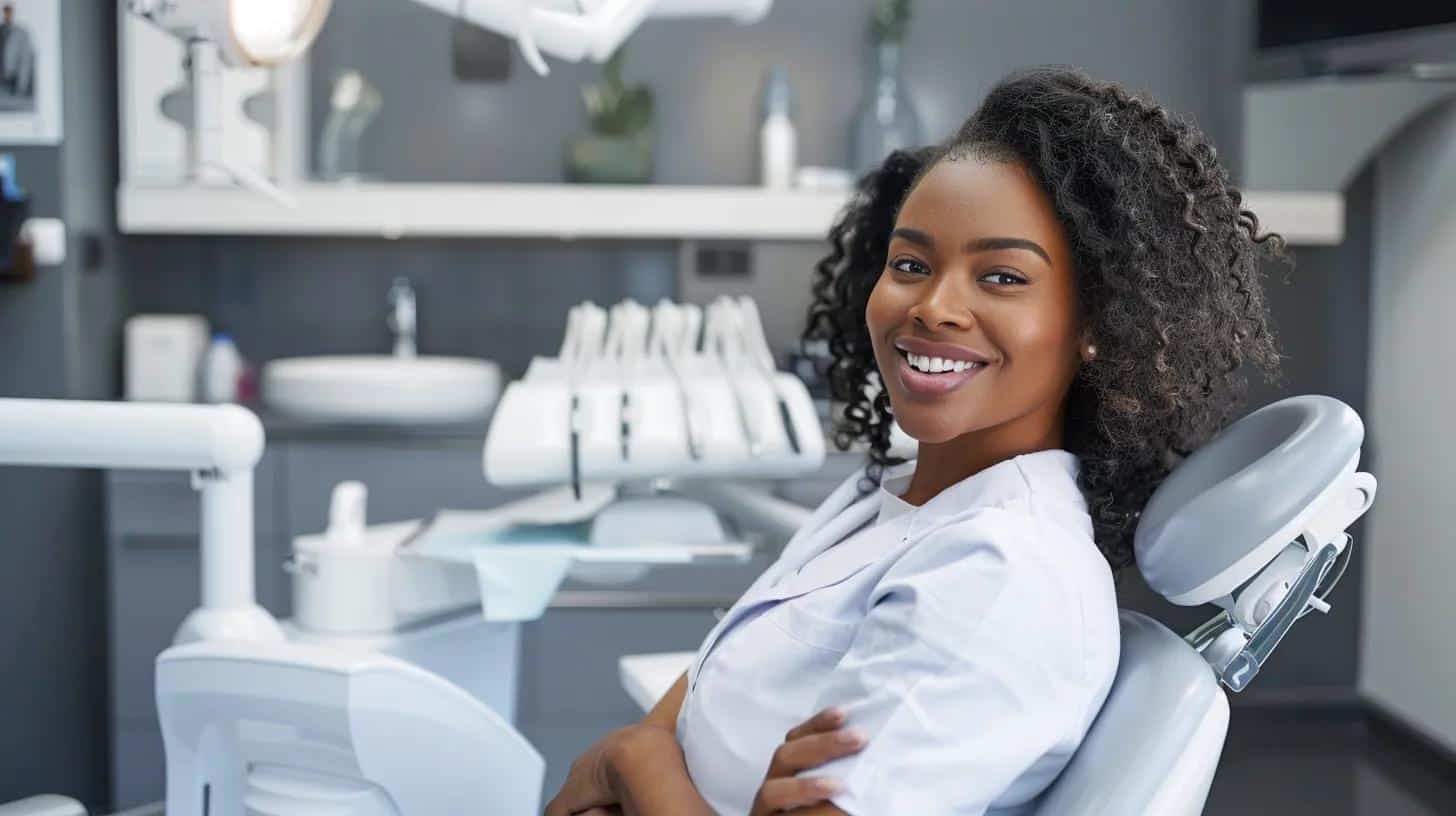 a bright, modern dental office setting showcases a confident patient smiling broadly in front of a sleek dental chair, symbolizing the transformative benefits of dental implants for both aesthetics and quality of life.