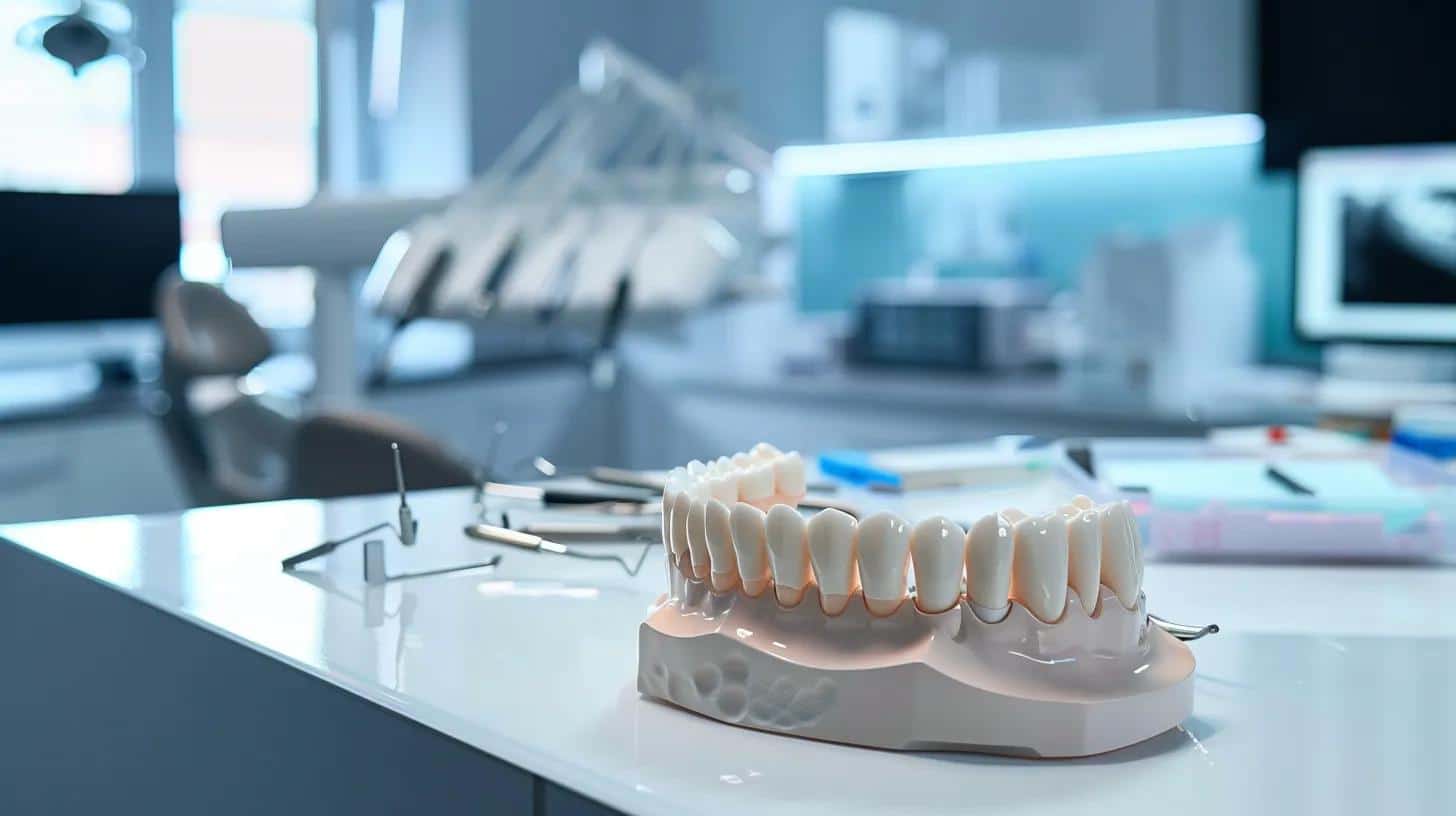 a bright, modern dental office showcases a gleaming dental implant model positioned on a sleek countertop, with professional tools and educational materials surrounding it, emphasizing the importance of meticulous oral hygiene for successful implant recovery.