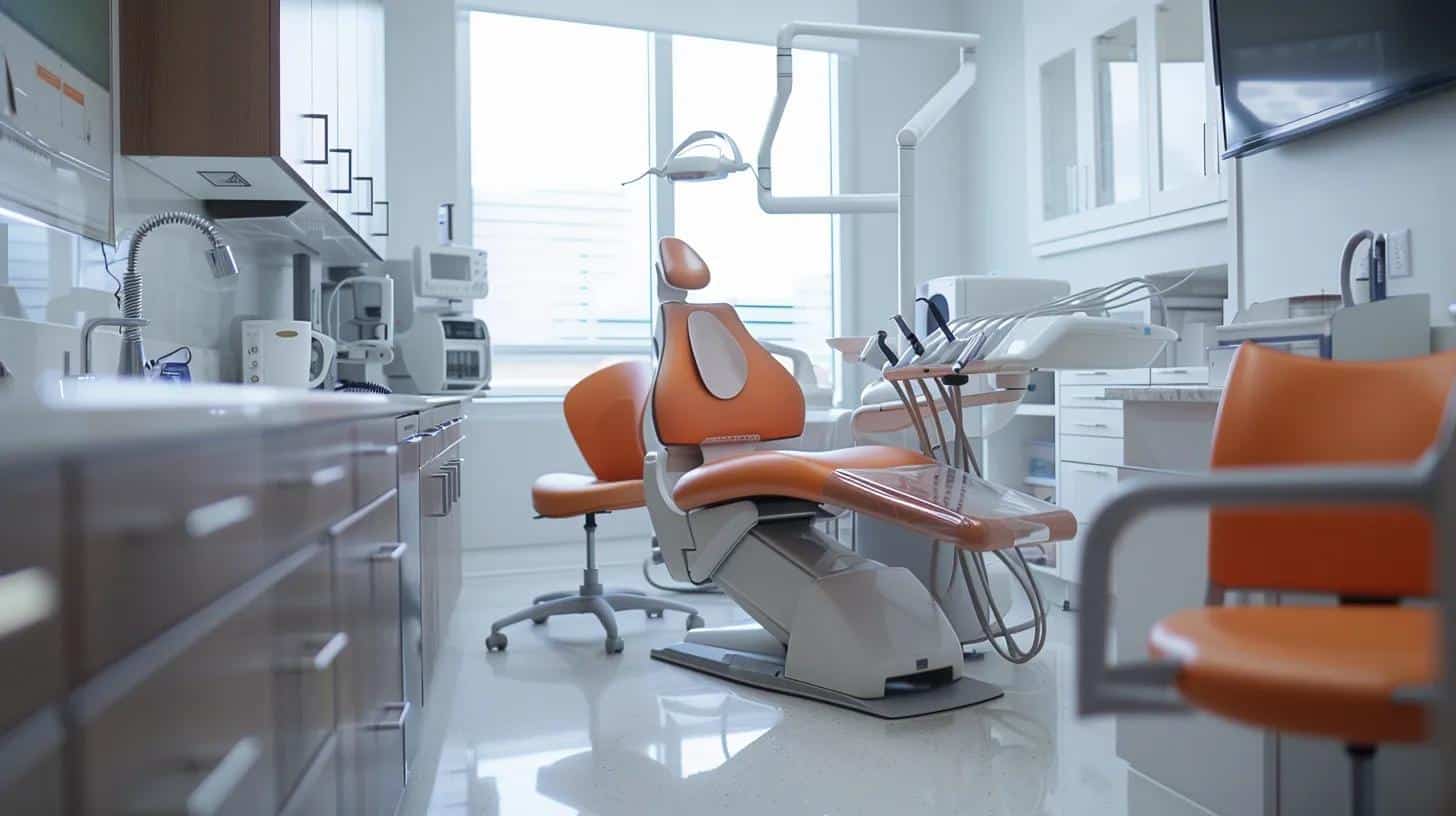 a bright, modern dental office with a patient comfortably seated in an examination chair, surrounded by state-of-the-art dental equipment, emphasizing the importance of diligent oral hygiene and preventative care for dental implant success.