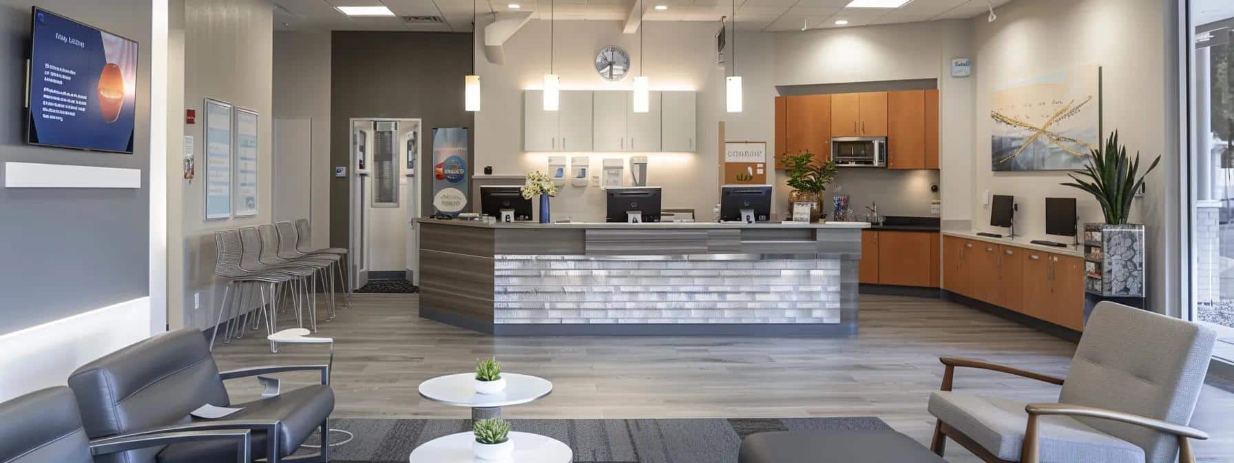 a bright, modern dental office showcases a welcoming reception area with cheerful decor, emphasizing a professional dentist consulting with a patient about comprehensive general dentistry services.