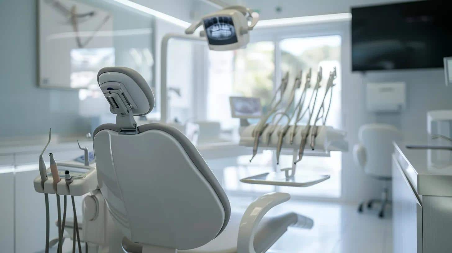 a close-up, sharply focused view of a modern dental clinic with a sleek dental chair, advanced imaging technology, and a dental implant model prominently displayed, emphasizing the theme of dental innovation and the complexities of implant procedures.