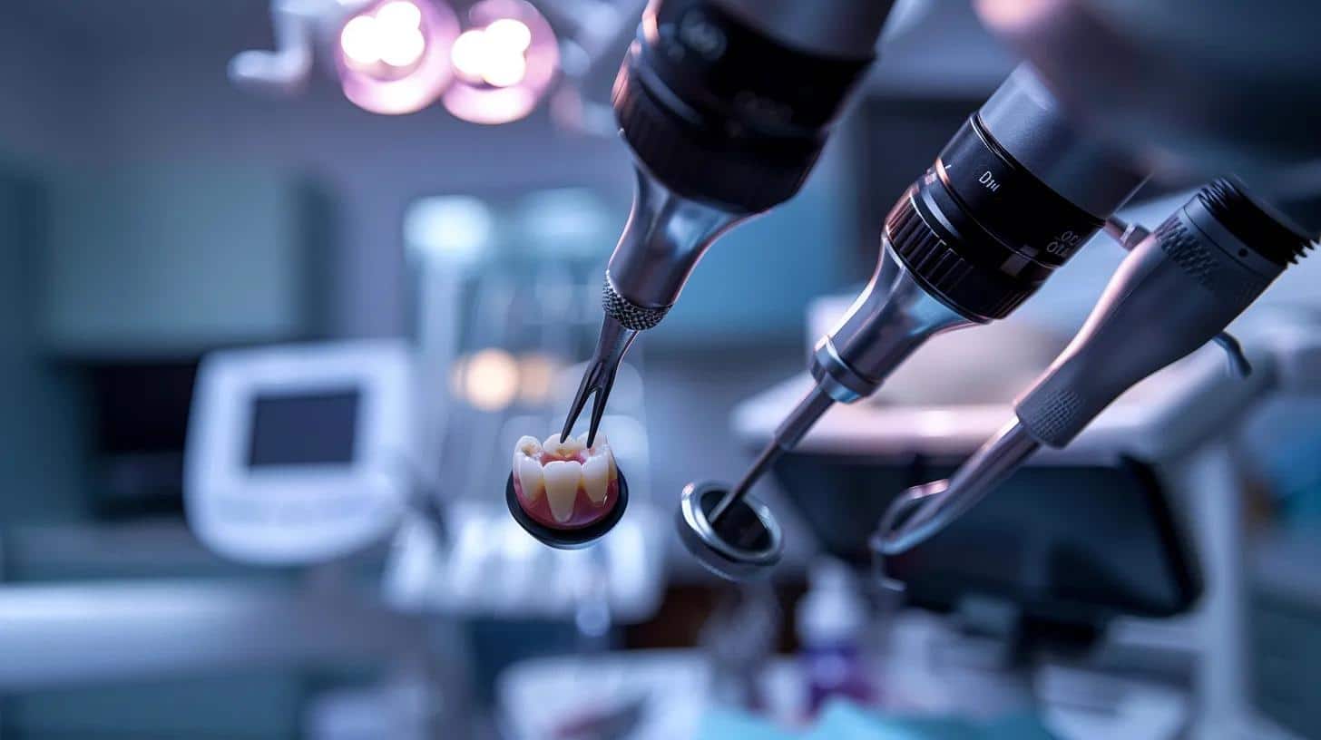 a focused dental examination reveals a close-up view of an implant site in a modern clinic, highlighting inflamed gums and a dental probe assessing peri-implant pockets under bright clinical lighting.
