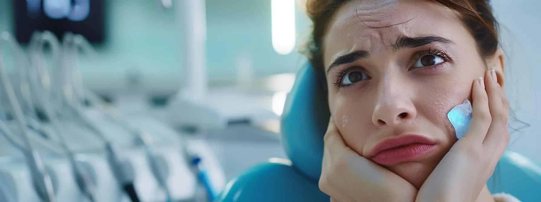 a focused view of a concerned patient in a bright dental clinic, clutching an ice pack to their cheek, surrounded by emergency dental tools and a digital clock indicating urgency.