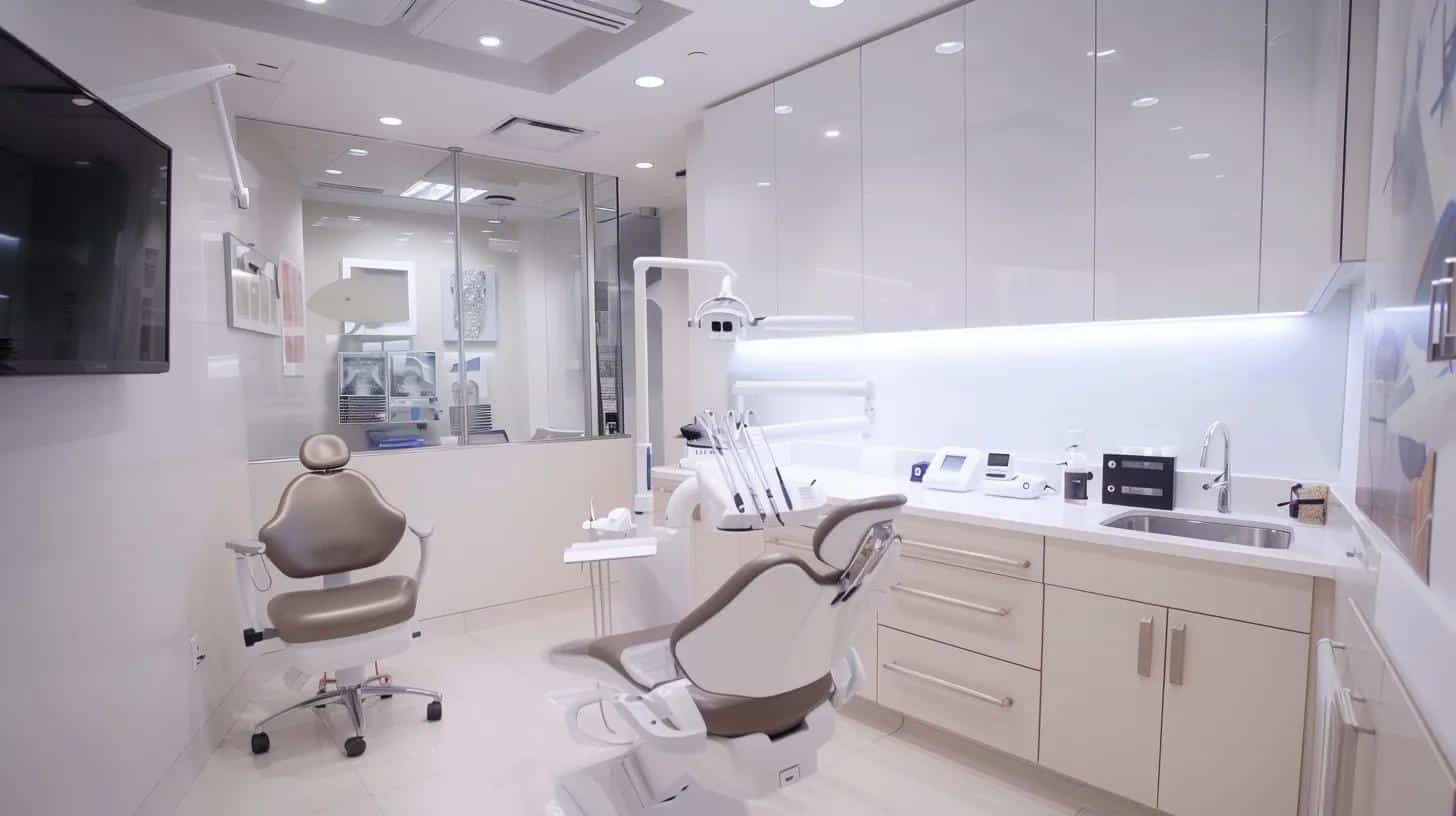 a modern dental clinic consultation room featuring a professional dentist discussing transparent pricing and financing options for dental implants with a patient, illuminated by clear, focused artificial lighting that emphasizes the advanced technologies showcased in the space.