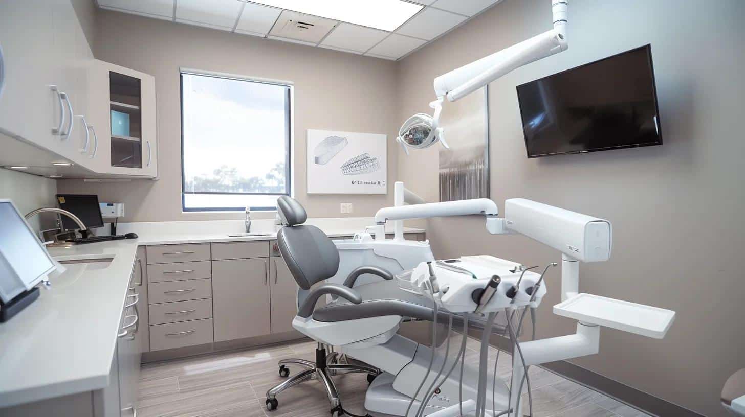 a modern dental clinic in lake worth showcases a state-of-the-art treatment room, with advanced technology and a comfortable chair positioned under bright, focused lighting, illustrating a seamless blend of patient care and innovative dental solutions.