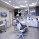 a modern dental clinic interior showcases a confident dentist discussing advanced pain management techniques with a patient, illuminated by sleek overhead lighting that highlights the sterile environment and high-tech dental tools.