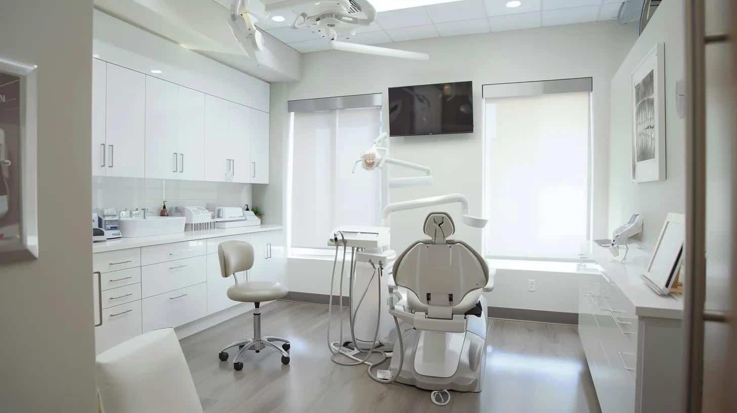 a modern dental clinic interior, featuring a confident dentist discussing personalized pain management options with a patient, illuminated by bright, clinical lighting and showcasing advanced dental equipment in the background.