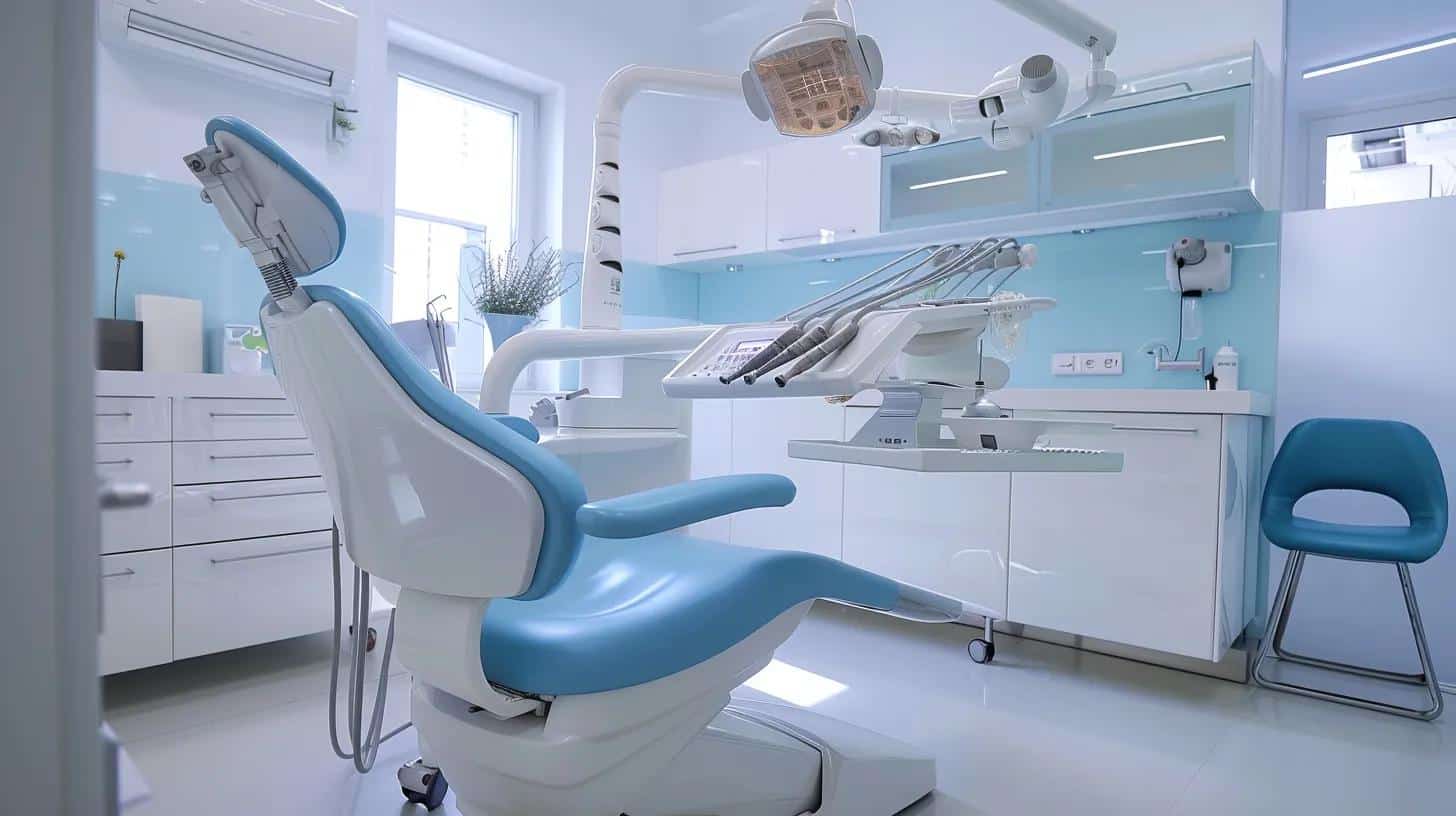 a modern dental clinic interior showcases a bright, sterile environment with an emphasis on meticulous oral hygiene practices, featuring an open dental chair and organized tools that symbolize the prevention of peri-implantitis through effective brushing, rinsing, and flossing techniques.