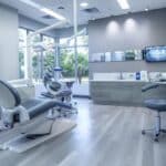 a modern dental clinic interior in lake worth showcases a sleek, high-tech consultation area, with a prominent display of dental implant materials and digital imaging equipment, conveying professionalism and advanced care.