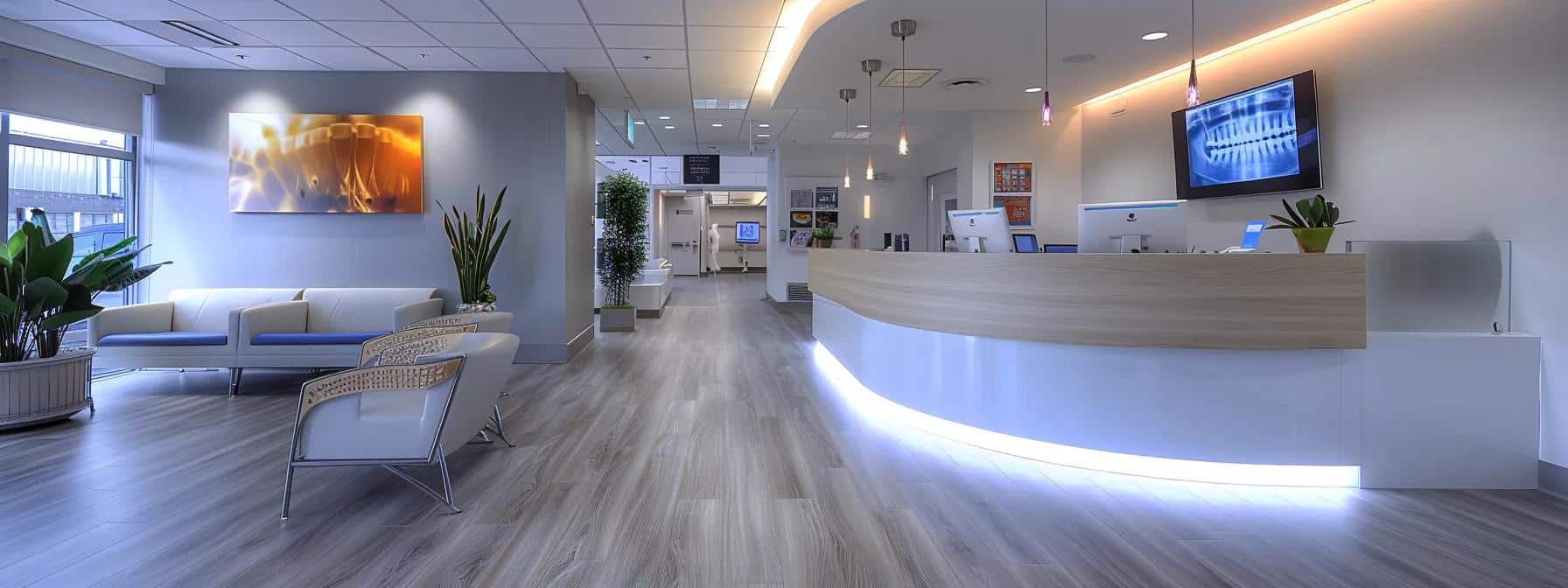 a modern dental clinic reception area with sleek furniture and informative brochures featuring emergency dental services, illuminated by bright, clinical lighting.