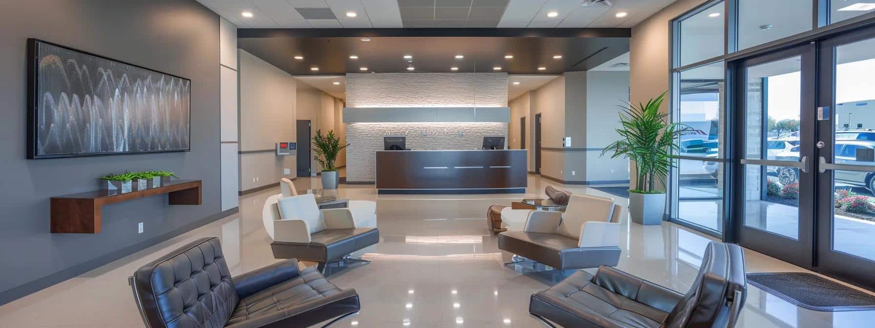 a modern dental clinic reception area in cleburne, tx, featuring sleek furniture and an inviting atmosphere, designed to convey professionalism and patient comfort in a vibrant urban setting.